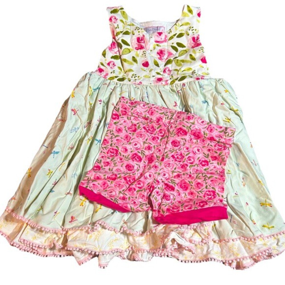 NWT SweetHoney Layered Dragonfly Dress Set with Floral Rose Shorts